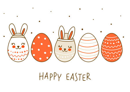 Border with cute decorated eggs isolated on white - cartoon greeting card for happy Easter designのイラスト素材