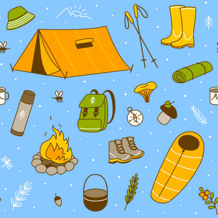 Seamless pattern with forest and mountain hiking items on blue - cartoon objects for Your designのイラスト素材