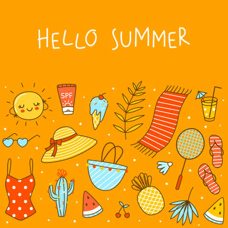 Border background with cute summer items on orange - cartoon objects for happy beach designのイラスト素材
