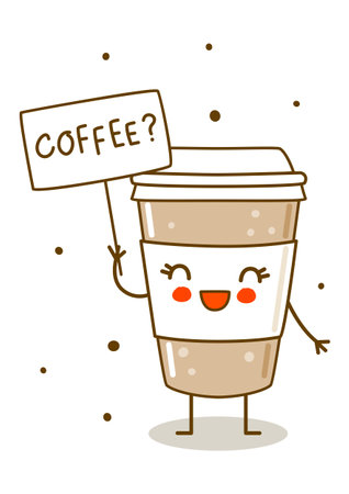 Cute coffee cup with banner isolated on white - cartoon character for happy designのイラスト素材