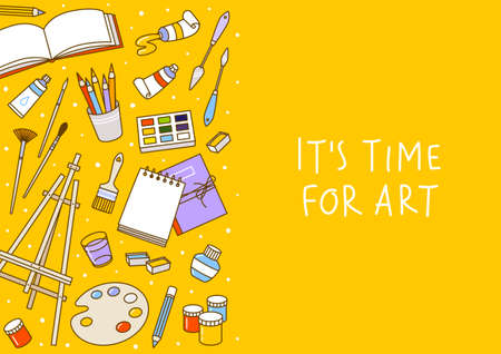 Vertical border with art supplies on yellow background - easel, paints, watercolor, palette, sketchbooks, brushes, drawing pencils - cartoon objects for happy art designのイラスト素材