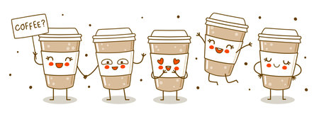 Horizontal border with cute coffee cups isolated on white - cartoon characters for funny designのイラスト素材