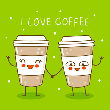 Cute coffee cups on green background - cartoon characters for funny designのイラスト素材