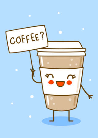 Cute coffee cup with banner on blue background - cartoon character for coffee to goのイラスト素材