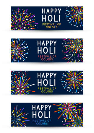 Set of horizontal panoramic banners with color fireworks on blue background for holy festival holiday designのイラスト素材