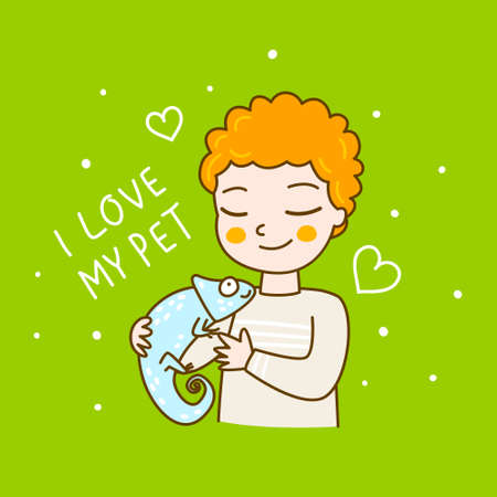 Cute boy with his chameleon pet on green background - cartoon character for happy designのイラスト素材