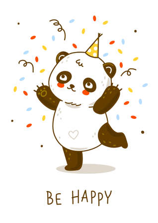 Cute panda bear with confetti isolated on white - cartoon character for Your happy Birthday designのイラスト素材