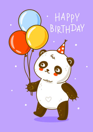 Cute panda bear with balloons on purple background - cartoon character for happy Birthday designのイラスト素材