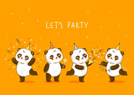 Cute panda bears border on orange background - cartoon characters for Birthday greeting card designのイラスト素材