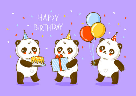 Cute panda bears with sweet cake and gift and balloons - cartoon characters for Birthday greeting card designのイラスト素材