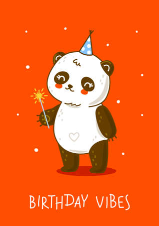 Cute panda bear with sparklers on red background - cartoon character for happy Birthday designのイラスト素材