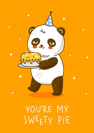 Cute panda bear with sweet cake on orange background - cartoon character for happy Birthday designのイラスト素材