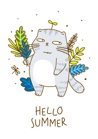 Cute gray cat with leaves - cartoon character for summer poster designのイラスト素材
