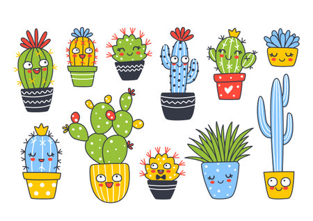 Set of cute cactus house plants isolated on white - cartoon objects for happy summer designのイラスト素材