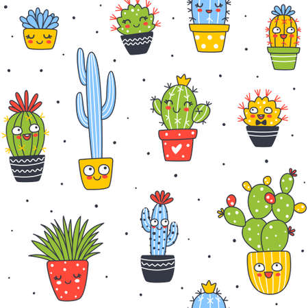 Set of cute cactus house plants isolated on white - cartoon objects for happy summer designのイラスト素材