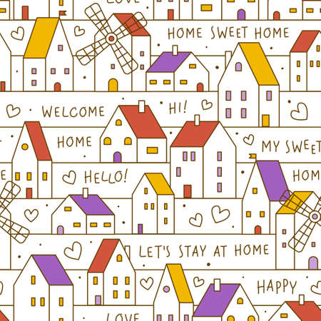Seamless pattern with cute houses and windmills - cartoon town background for textile and wallpaper and wrapping designのイラスト素材