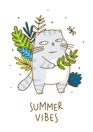 Cute gray cat with leaves - cartoon character for summer poster designのイラスト素材