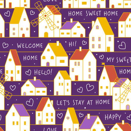 Seamless pattern with cute houses and windmills - cartoon town background for textile and wallpaper and wrapping designのイラスト素材