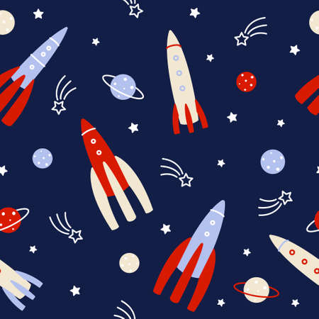 Seamless pattern with rockets and planets and stars for Your space designのイラスト素材