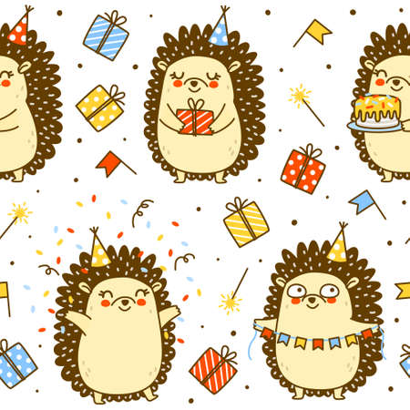 Seamless pattern with cute hedgehog isolated on white - cartoon background for happy Birrthday wrapping designのイラスト素材