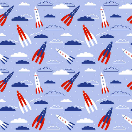 Seamless pattern with rockets and clouds for Your space designのイラスト素材