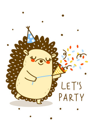 Cute hedgehog with confetti isolated on white - cartoon character for Your happy Birthday designのイラスト素材