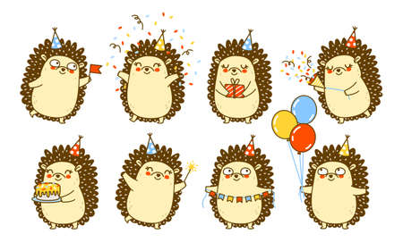 Set of cute hedgehogs isolated on white - cartoon characters for Your happy Birthday designのイラスト素材