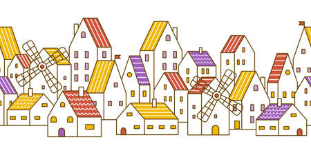Seamless border with cute houses and windmills - cartoon town element for Your designのイラスト素材