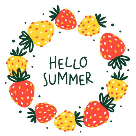 Cute strawberries round frame isolated on white - cartoon objects for happy summer designのイラスト素材