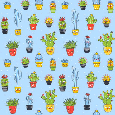 Seamless pattern with cute Ñactus plants on blue background - cartoon background for happy summer designのイラスト素材