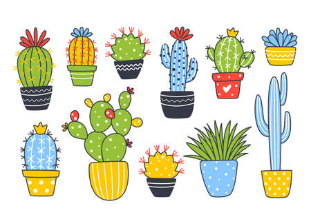Set of cute Ñactus house plants isolated on white - cartoon objects for happy summer designのイラスト素材