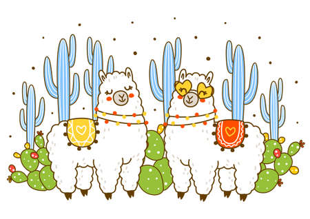 Cute happy lamas with cactuses isolated on white - cartoon characters for Your designのイラスト素材