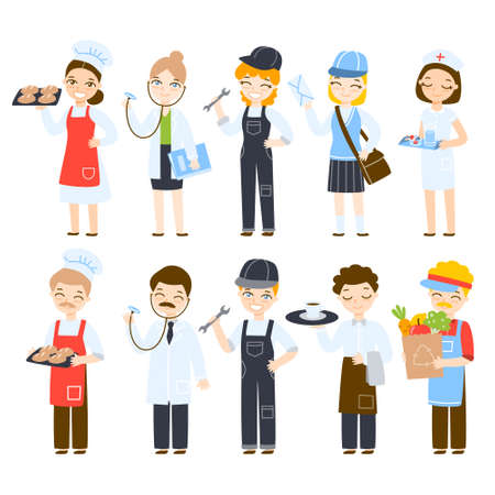 Set of cute cartoon professionals women and men isolated on white backgroundのイラスト素材