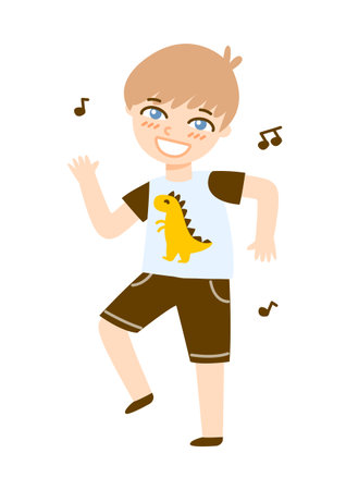 Cute cartoon dancing boy isolated on white backgroundのイラスト素材