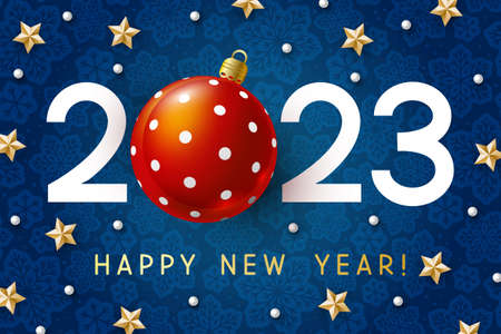 New Year concept - 2023 numbers with Christmas ball and starry decor on blue snowflakes background for winter holidays designの写真素材