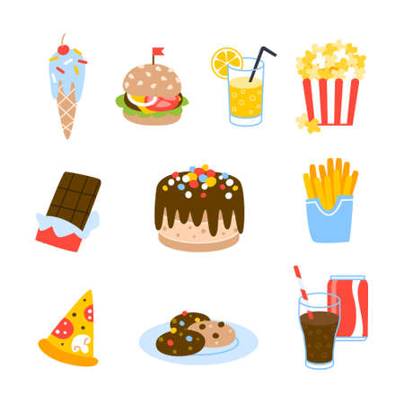Set of cartoon fastfood and sweets food icons isolated on white backgroundのイラスト素材