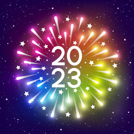 Shiny fireworks on rainbow starry sky background for 2023 New Year designの写真素材