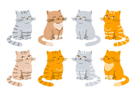 Set of cute cartoon cats isolated on whiteのイラスト素材