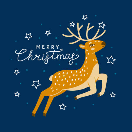 Christmas greeting card with cute jumping deer on blue sky backgroundのイラスト素材