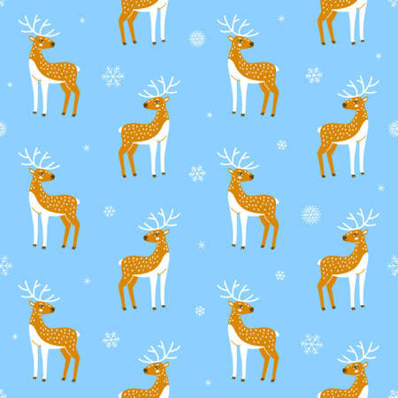 Seamless pattern with cute deers and snowflakes for lovely fabric designのイラスト素材