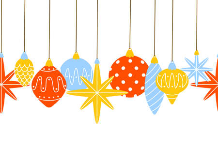 Seamless border with cute Christmas tree decorationsのイラスト素材