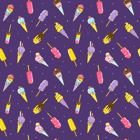 Seamless pattern with cartoon ice cream on purple background for Your sweet designのイラスト素材