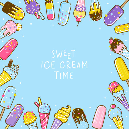 Cartoon ice cream frame on blue background for Your sweet designのイラスト素材