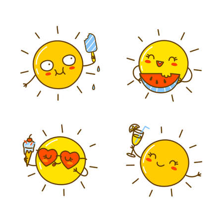 Set of cartoon Sun characters isolated on white for funny summer designのイラスト素材