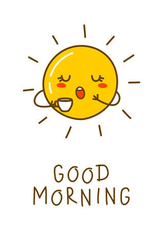 Cartoon Sun character with cup of coffee isolated on white for funny summer designのイラスト素材