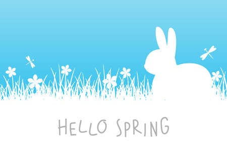 Easter bunny silhouette with grass and flowers - horizontal border for spring designのイラスト素材
