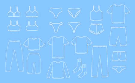 Set of women's and men's underwear, pajamas, home clothes - vector outline objectsのイラスト素材
