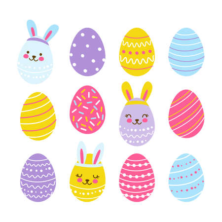 Set of cute decorated eggs isolated on white - cartoon decor for happy Easter designのイラスト素材
