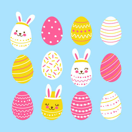 Set of cute decorated eggs - cartoon decor for happy Easter designのイラスト素材