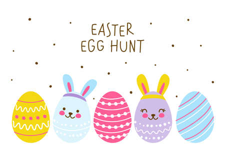 Border with cute decorated eggs isolated on white - cartoon greeting card for happy Easter designのイラスト素材